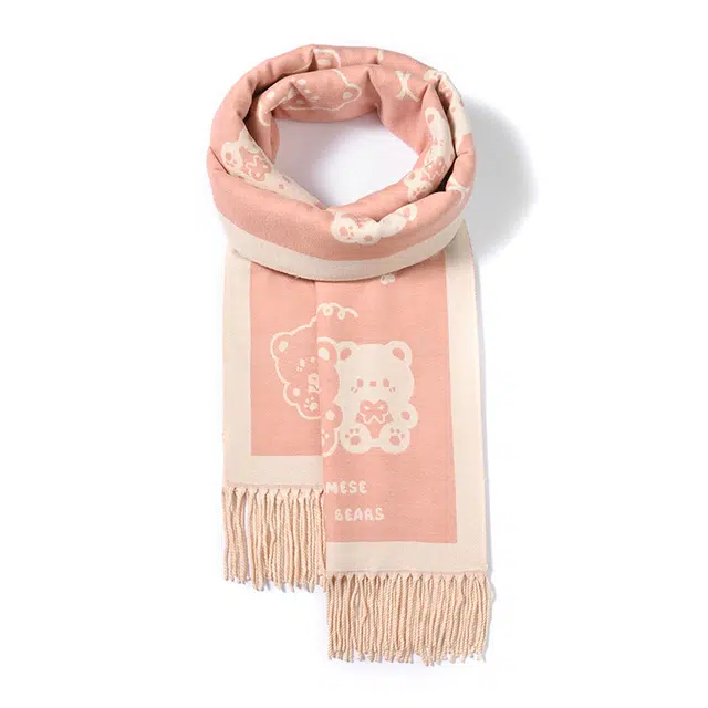啄木鸟 新款甜美可爱粉色蝴蝶结卡通小熊加宽加大披肩防寒保暖软萌氛围感户外骑行流苏 聚酯纤维 绒线围巾 男女同款情侣款