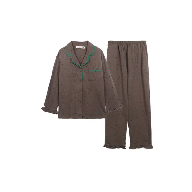 贝妍 时尚翻领柔软棉长袖开衫长裤复古风睡衣套装 女款 深灰色