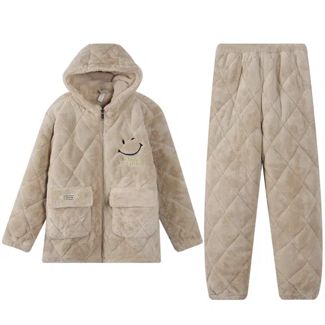 小情歌 珊瑚绒冬季三层加厚夹棉加绒保暖秋冬天新款家居服睡衣套装 女款 杏色