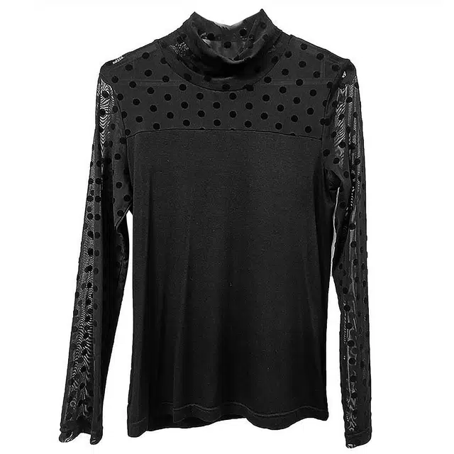 水中花 打底衫气质木耳领网纱打底衫显瘦长袖透洋气打底外穿保暖上装 女款 黑色圆点