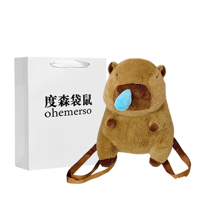 度森袋鼠 小众可爱卡通设计休闲简约日常 毛绒 双肩包 中号 女款 深棕色/粉色