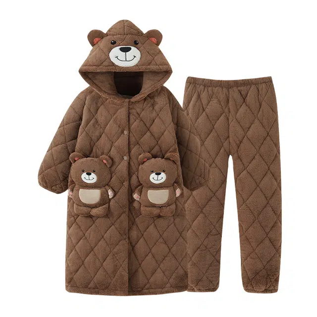 欧诗帛 休闲舒适亲肤卡通连帽单排扣长袖长裤睡袍套装 女款 图片色