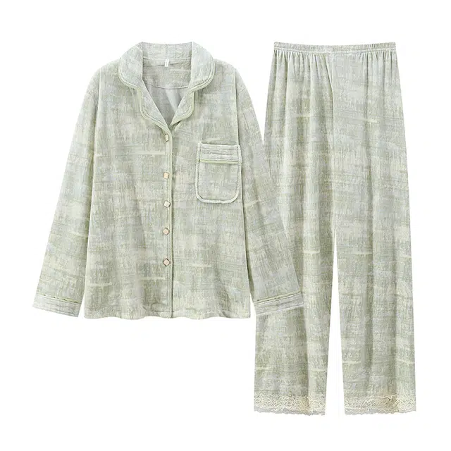 乐姿韵 简约纯色时尚口袋柔软亲肤翻领长袖长裤舒适休闲家居服睡衣套装 女款 绿色