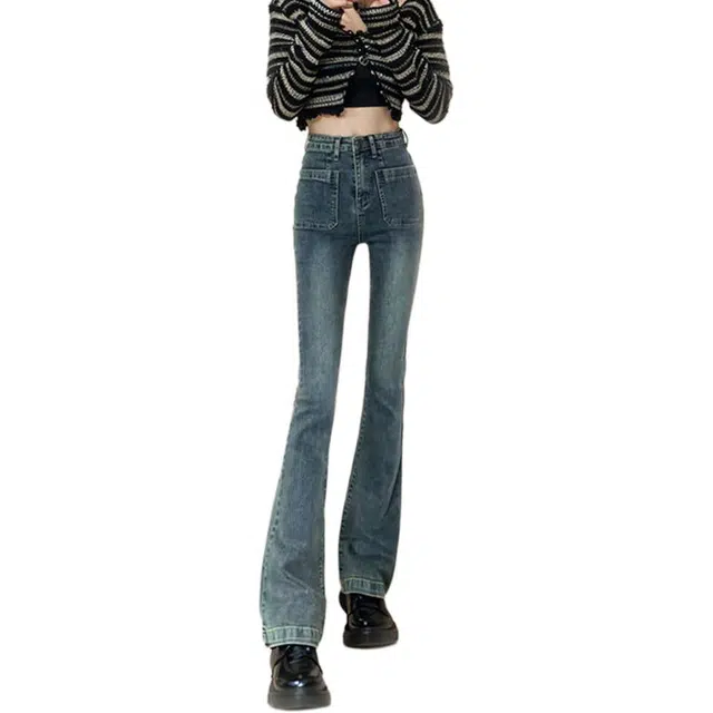 法文箱子 高腰修身微喇牛仔裤 女款 复古蓝