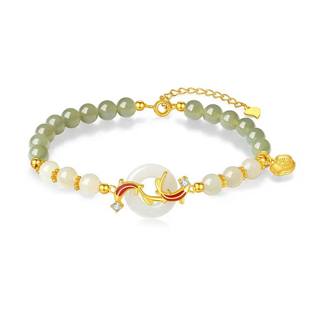 万娜 锦鲤平安扣手饰 新中式祥云福袋小众设计“锦”上添花 百“鲤”挑一 好运 手链 青白玉 女款