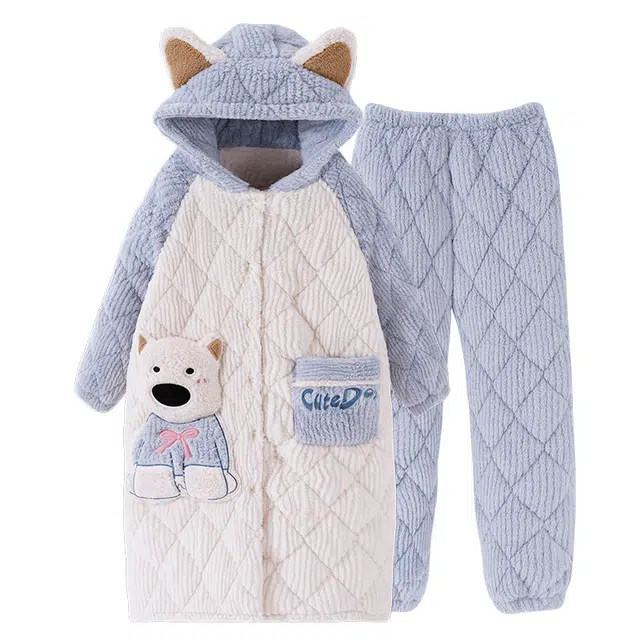 莫代尔 保暖舒适长袖连帽外穿家居服小清新甜美睡衣套装 女款 粉蓝色