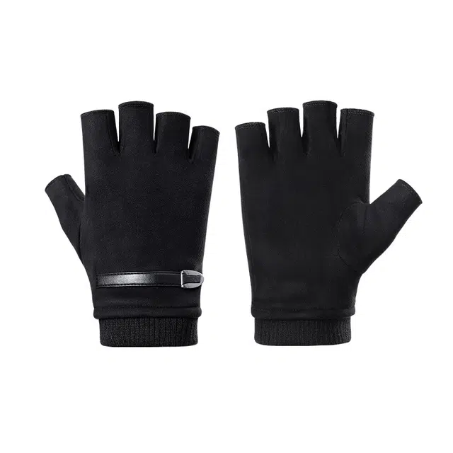 南极人 秋冬保暖加绒麂皮绒写字办公开车运动半截露指防滑防风薄绒 半指 手套 男款