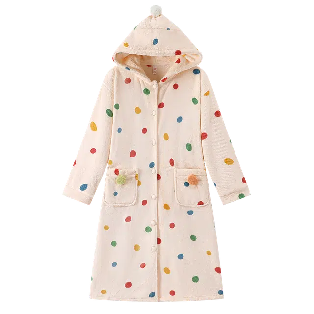 宫蝶 蓄温型家居服中长款加厚保暖连帽可外穿简约纯色休闲长袖睡袍 女款 杏色