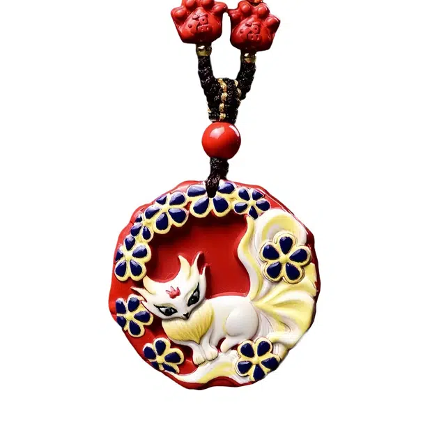石在行 高含量复古红砂平安转运纳福国潮新中式五福临门彩绘九尾狐好运 朱砂 吊坠 男女同款情侣款