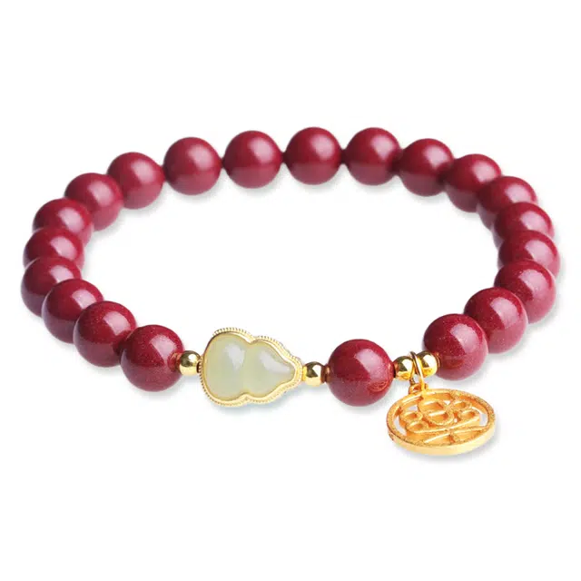 妍韵珠宝 新中式招财葫芦本命年平安喜乐好运 再造辰砂朱砂 玉石手串 男女同款情侣款