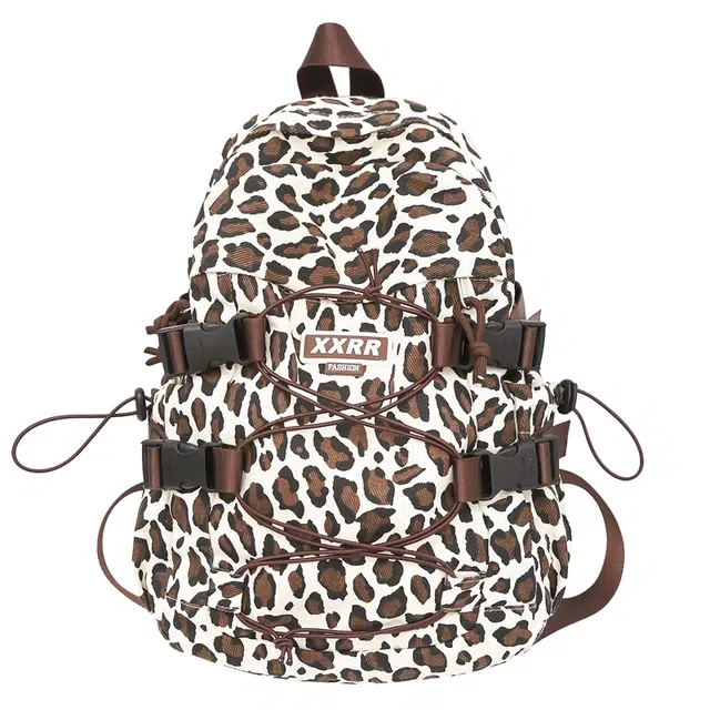 笛贝嘉 美式复古个性百搭 帆布 双肩包 女款 米白豹纹/棕色豹纹