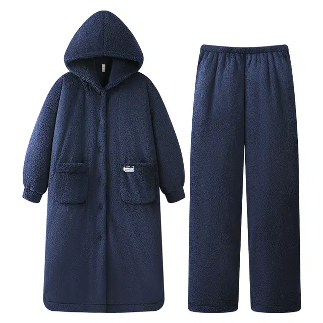 宫蝶 蓄温型珊瑚绒睡袍家居服加厚保暖连帽可外穿简约纯色休闲冬季睡衣套装 女款