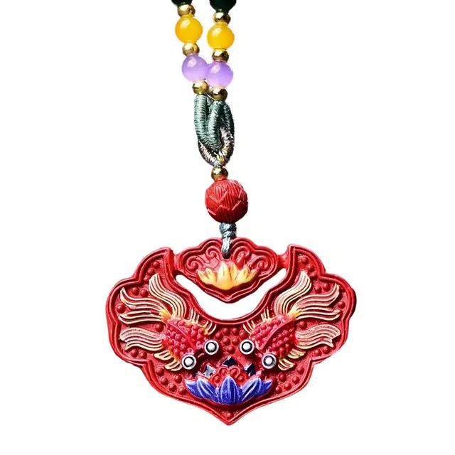 石在行 高含量复古红砂平安转运纳福国潮新中式五福临门彩绘如意锁好运 朱砂 吊坠 男女同款情侣款