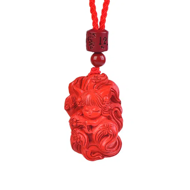 石在行 高含量复古红砂平安转运纳福国潮新中式五福临门九尾狐吊牌好运 送礼 朱砂 吊坠 女款