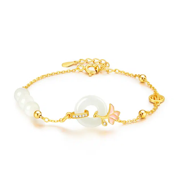 中国黄金 珍·尚银 玉兰花平安扣 福牌 新中式古风 精致优雅气质 小众轻奢设计 生日纪念日浪漫送礼礼盒 闺蜜 和田玉手链 青白玉 女款