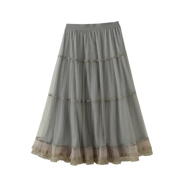 花栗鼠小姐 诺丁山童话 韩系复古减龄全松紧高腰拼接网纱压褶花边蓬松遮肉休闲长裙 女款 灰蓝色