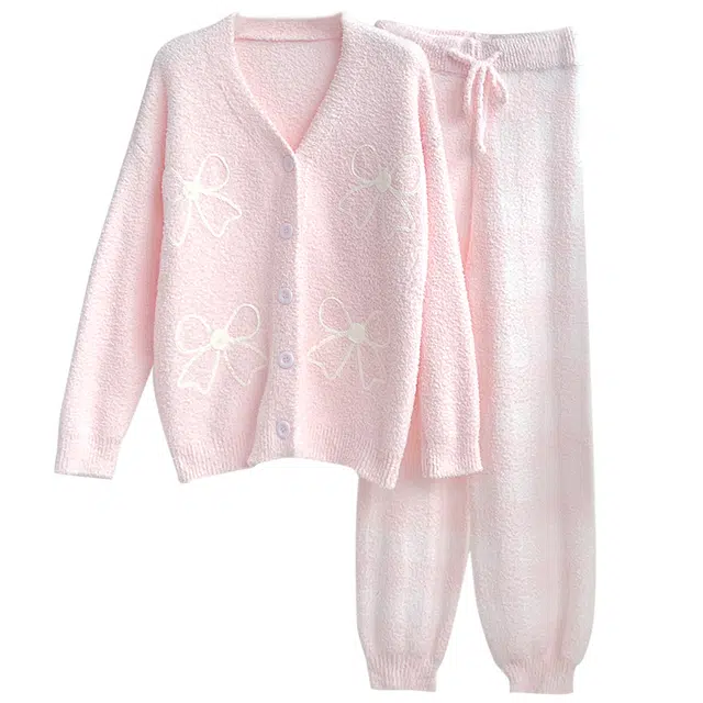 乐姿韵 简约纯色甜美蝴蝶少女时尚上衣亲肤半边绒舒适休闲软绵绵下衣睡衣套装 女款 粉色