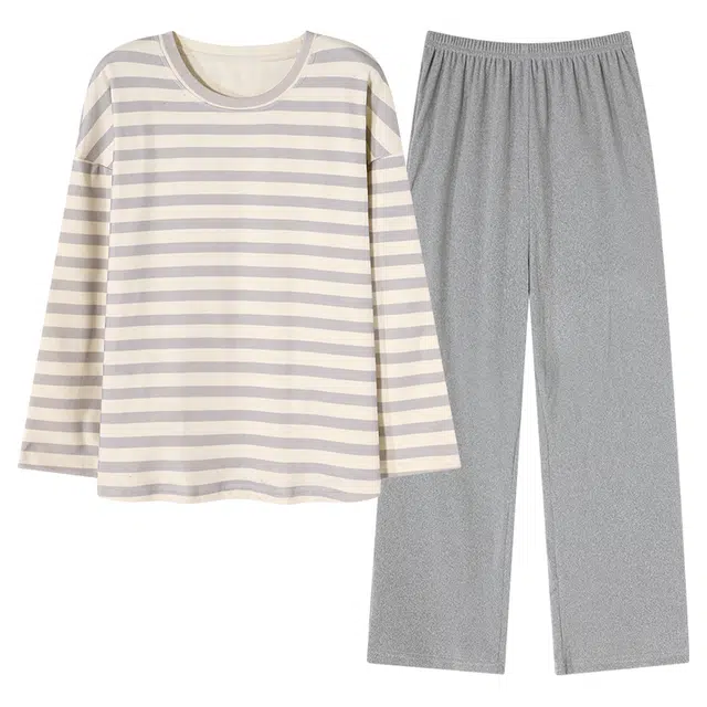 莫代尔 休闲舒适纯色柔软贴合亲肤长裤可外穿家居服睡衣套装 女款 图片色