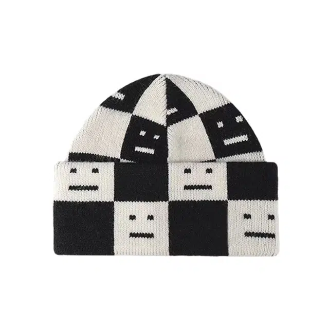 俞兆林 秋冬韩版撞色棋盘格笑脸休闲百搭户外 腈纶 绒线帽 男女同款情侣款