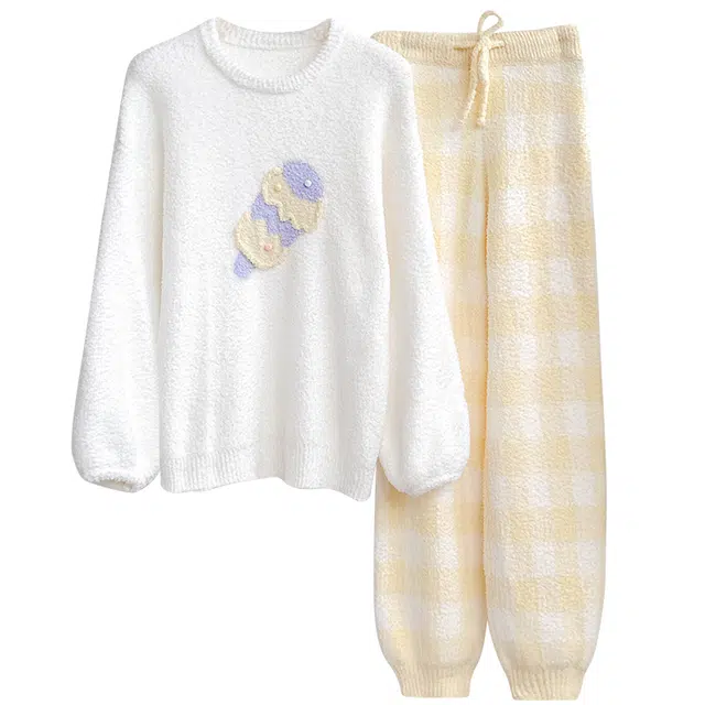 乐姿韵 甜美可爱柔软亲肤半边绒圆领长袖格子长裤加厚舒适休闲家居服可外穿睡衣套装 女款 白色