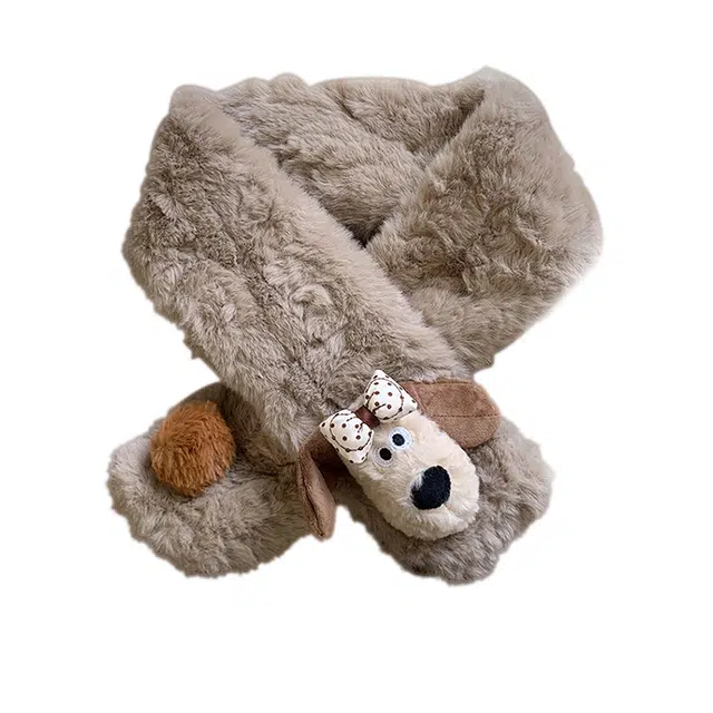 浪莎 加绒加厚百搭可爱小狗保暖交叉 礼盒装 涤纶 绒线围巾 女款