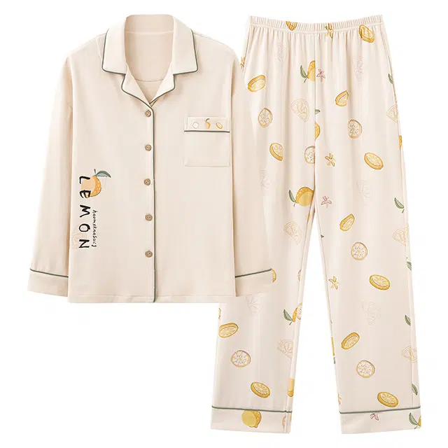 莫代尔 纯色休闲舒适柔软亲肤长裤翻领长袖睡衣套装 女款 图片色