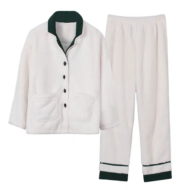 俏薇妮 简约纯色翻领家居服加厚保暖休闲舒适可外穿睡衣套装 女款 白色