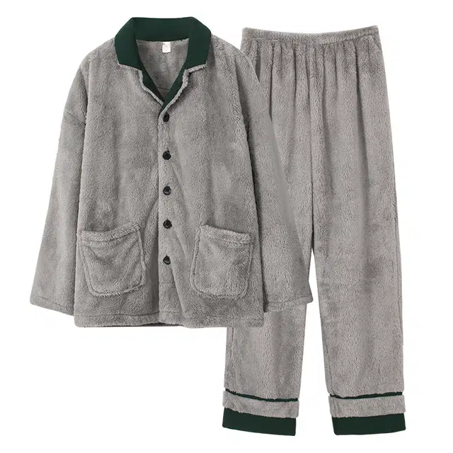 俏薇妮 简约纯色小翻领家居服休闲舒适实用可外穿睡衣套装 男款 灰色