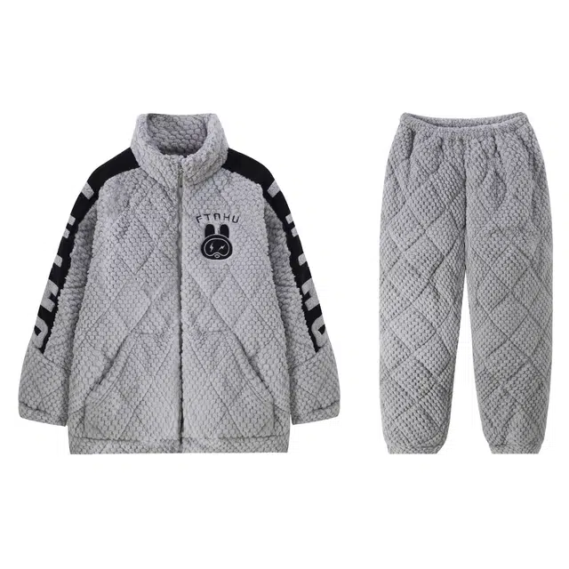 俏霓桐 时尚保暖三层夹棉加厚长袖拉链款可外穿睡衣套装 男款 浅灰色