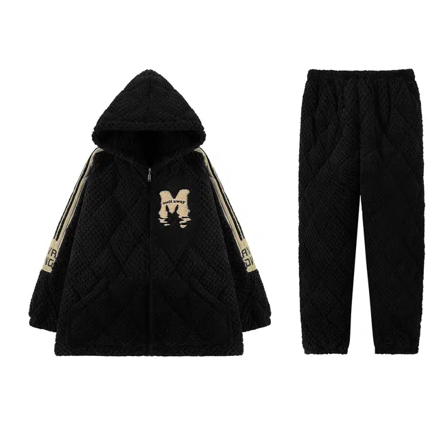 俏霓桐 时尚蓄温保暖加厚连帽长袖长裤可外穿睡衣套装 男款 黑色