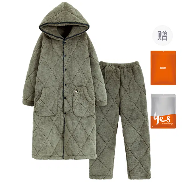 宜而爽 三层亲肤保暖蓄热柔软加厚休闲简约可外穿睡衣套装 男款 绿色