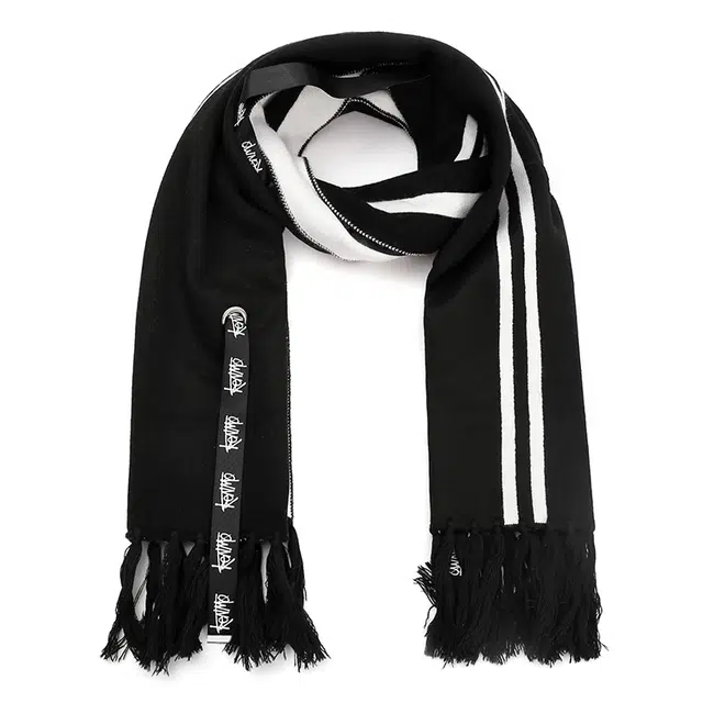 肯默 拼色条纹流苏 创意织带穿插 街头时尚 保暖舒适 绒线围巾 男女同款情侣款