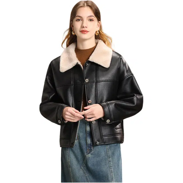 粉红玛琍 简约长袖翻领单排扣夹克 女款 黑色