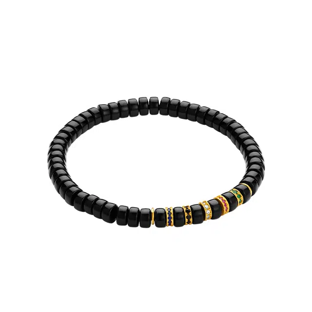 【深邃典雅】 周大生 黑色直切珠子搭配银镶五彩锆石  新中式 星月 好运手链 玛瑙 手串 元旦 惊喜礼 男女同款情侣款