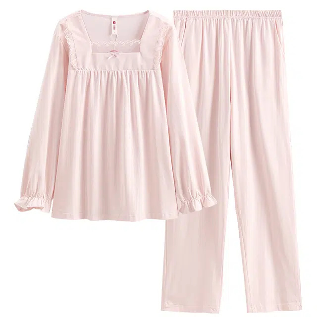 芬腾 亲肤公主风蕾丝简约纯色韩版长袖长裤甜美可外穿睡衣套装 女款 粉色