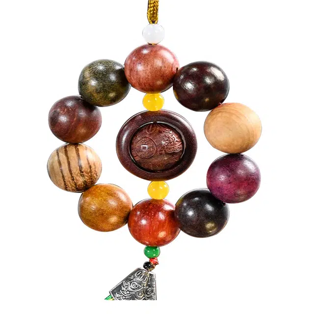 天纵 招财进宝多宝珠车挂  民族风复古木质好运佛珠挂件工艺品 檀木 木作把件 男女同款情侣款