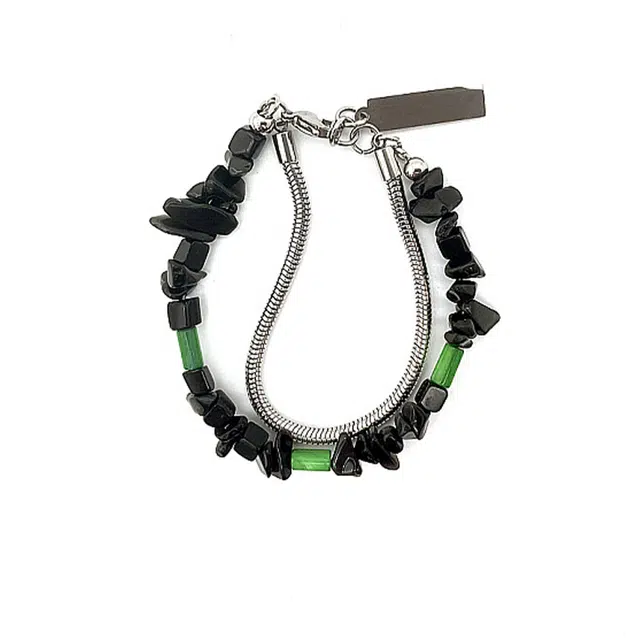 前方大荒野 碎石蛇骨双层叠戴链欧美风嘻哈潮流设计街头时尚个性潮酷气质冷淡风日常穿搭轻奢高级感 钛钢 手链 男款