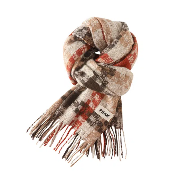 匹克 冬季时尚百搭小格子流苏设计 高级感加厚防寒保暖帽 聚酯纤维 绒线围巾 女款 卡其色