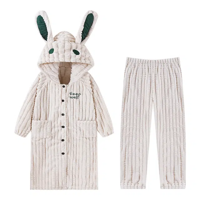 莫代尔 细腻保暖舒适韩版时尚亲肤甜美卡通可爱家居服可外穿连帽睡衣套装 女款 白色