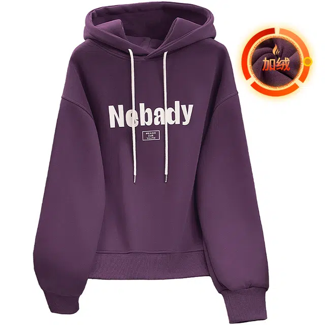 丝柏舍 连帽加绒字母印花宽松休闲落肩长袖卫衣 女款 紫色
