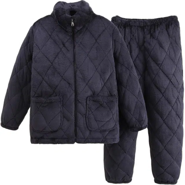 北极绒 简约保暖三层夹棉纯色长袖休闲长裤睡衣套装 女款 黑色