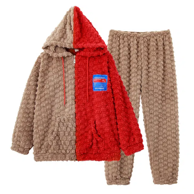 俏薇妮 简约连帽家居服加绒加厚保暖长袖上衣休闲舒适可外穿长裤秋冬睡衣套装 女款 棕褐色