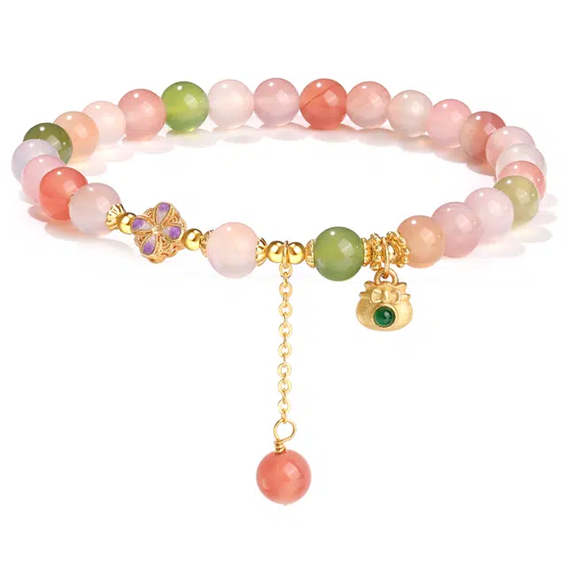 老凤祥 福袋花朵 桃花新中式宫廷风 汉服旗袍流苏转运珠 精致轻奢百搭气质高级感好运 玛瑙 手串 女款