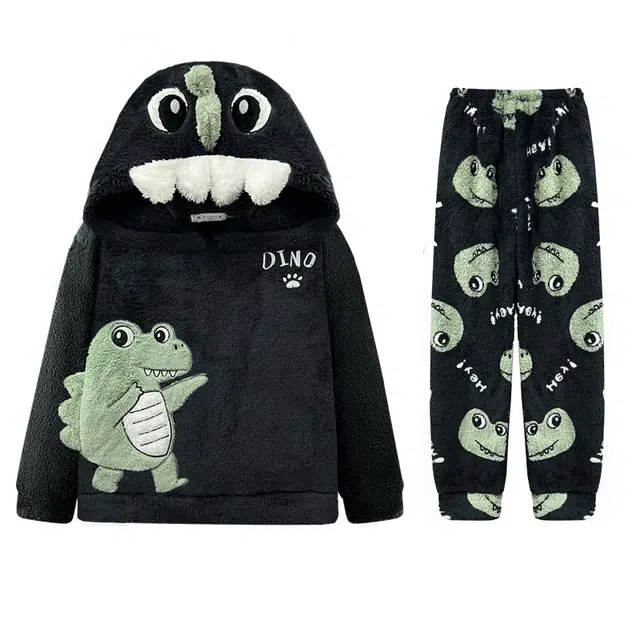 俏霓桐 时尚加厚加绒珊瑚绒青少年卡通连帽居家可外穿保暖家居服睡衣套装 男款 图色