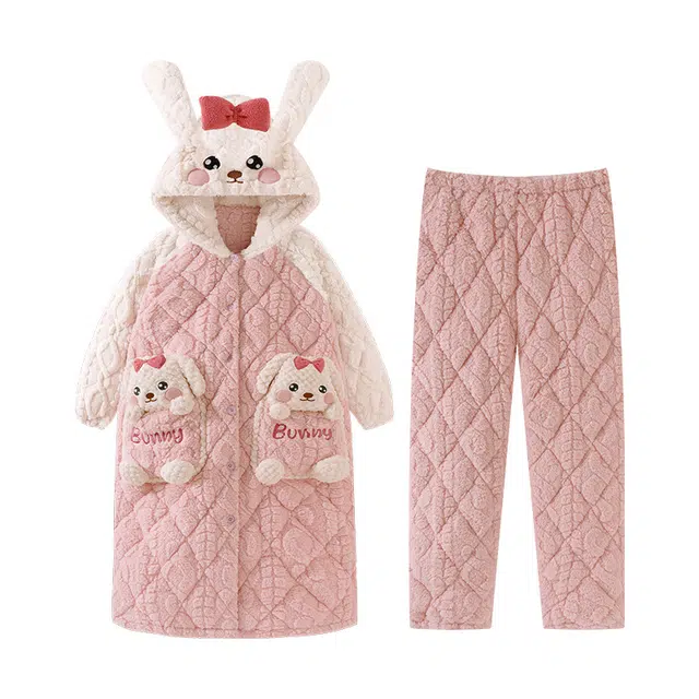 欧诗帛 三层夹棉连帽舒适保暖家居服睡衣套装 女款 图片色