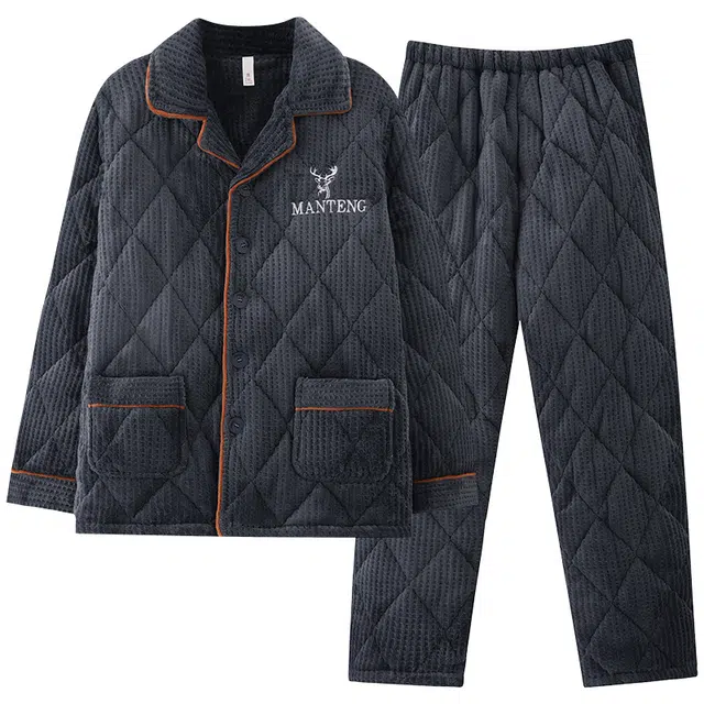 莫代尔 时尚舒适翻领亲肤柔软细腻微弹加厚保暖蓄热储温睡衣套装 男女同款