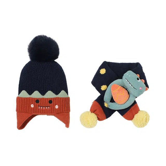 俞兆林 秋冬季宝宝两件套可爱针织帽加厚保暖护耳套头帽护颈防风 腈纶 绒线帽 儿童款