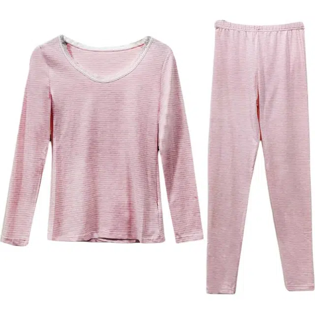 雅鹿 甜美可爱风简约蕾丝边圆领条纹打底保暖套装 女款 粉色