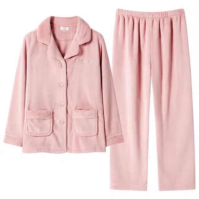 莫代尔 翻领加厚保暖蓄热防静电亲肤舒适长袖长裤家居服可外穿睡衣套装 女款 波斯粉