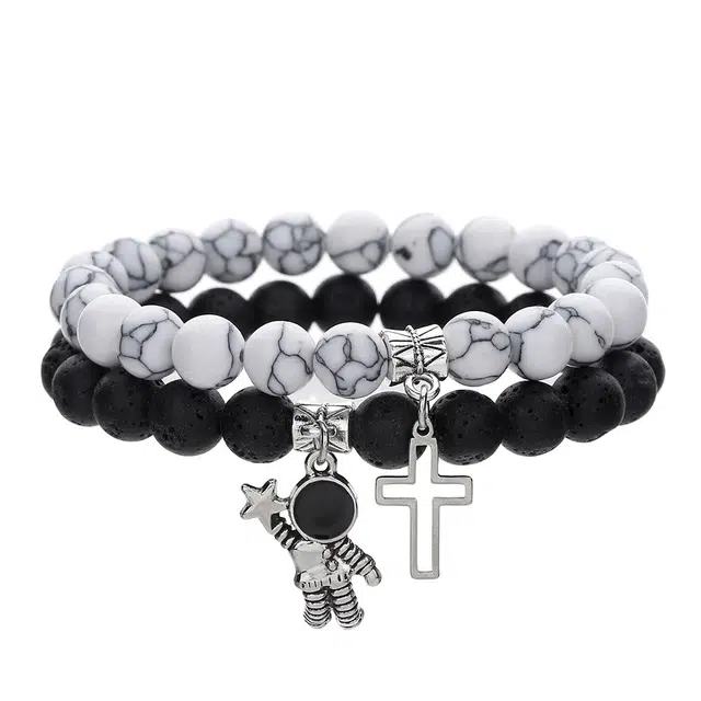 前方大荒野 黑白火山石手饰 镂空十字架造型宇航员摘星小人可爱简约设计日常穿搭约会赠礼 合金 手串 男女同款情侣款